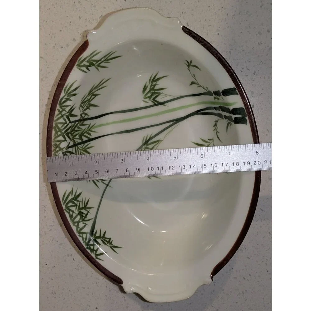Vintage Japanese Hand-Painted Bamboo Design Oval Bowl two Handles 11 inch Length - Picture 5 of 12